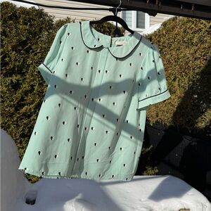 Peter Pan collar Oasis Light Green Mint Top with Black/White Accents